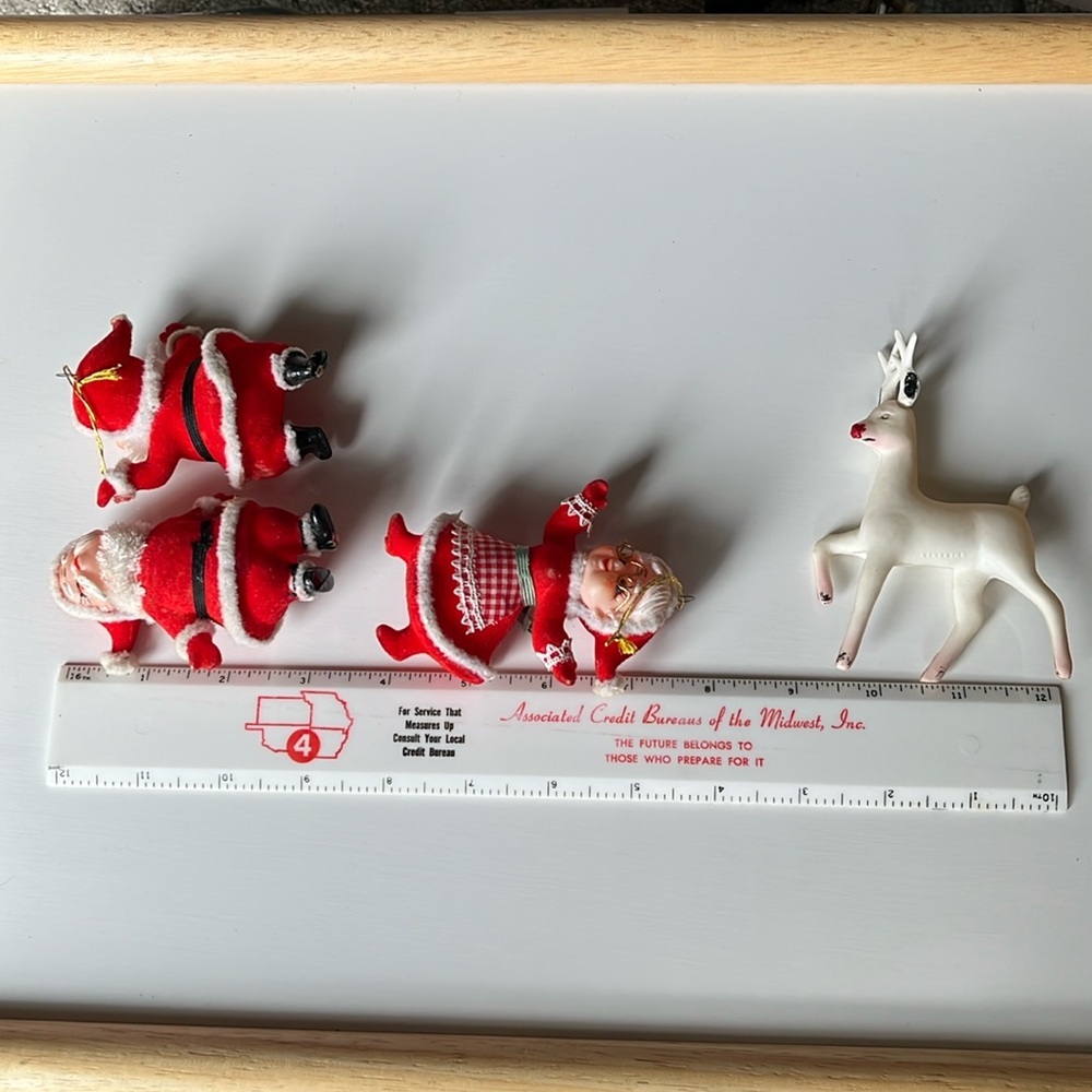 Vintage Flocked Santa and Mrs. Claus felted 60’s Plastic Reindeer - Picture 9 of 10